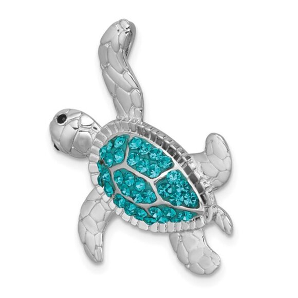 925 Sterling Silver Rh-Plated Polished Blue Crystal Turtle Chain Slide Pendant - Picture 4 of 5